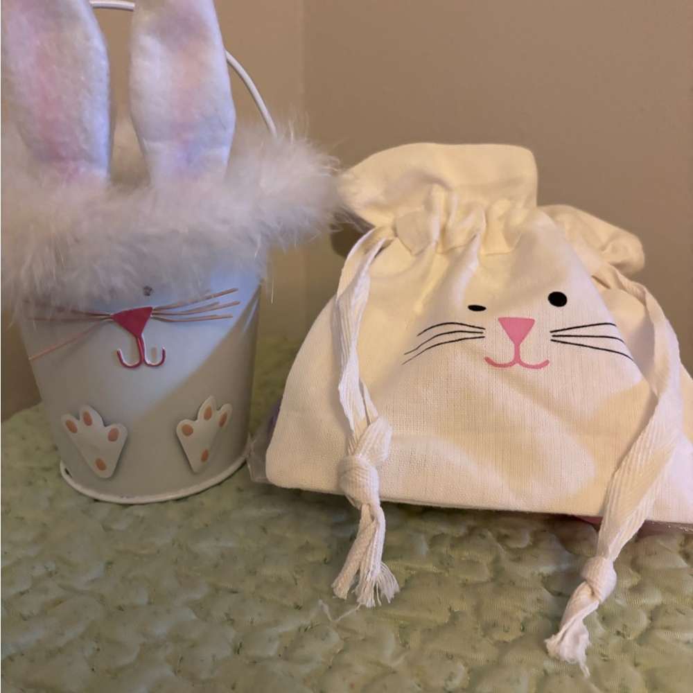 Set of two Bunny’s.. a Tin Bucket or pal drawstring cloth bag.